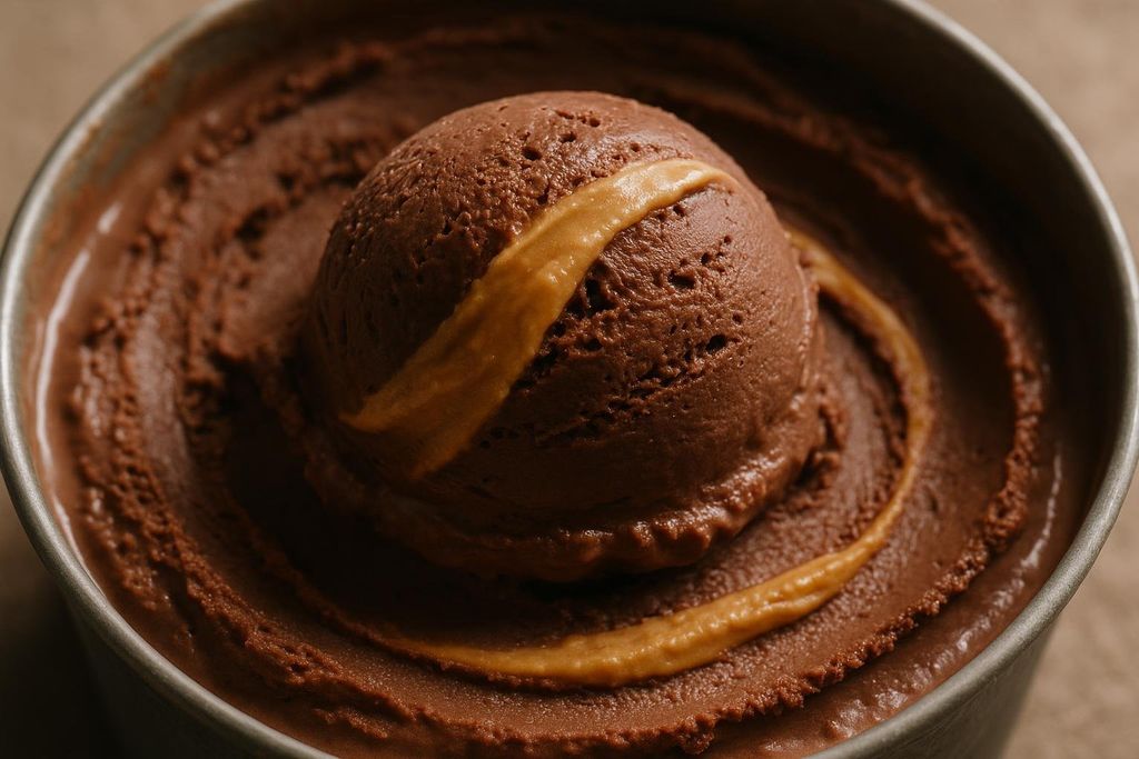 A close-up shot of a scoop of chocolate ice cream swirled with peanut butter, sitting in a metal container of more chocolate ice cream.
