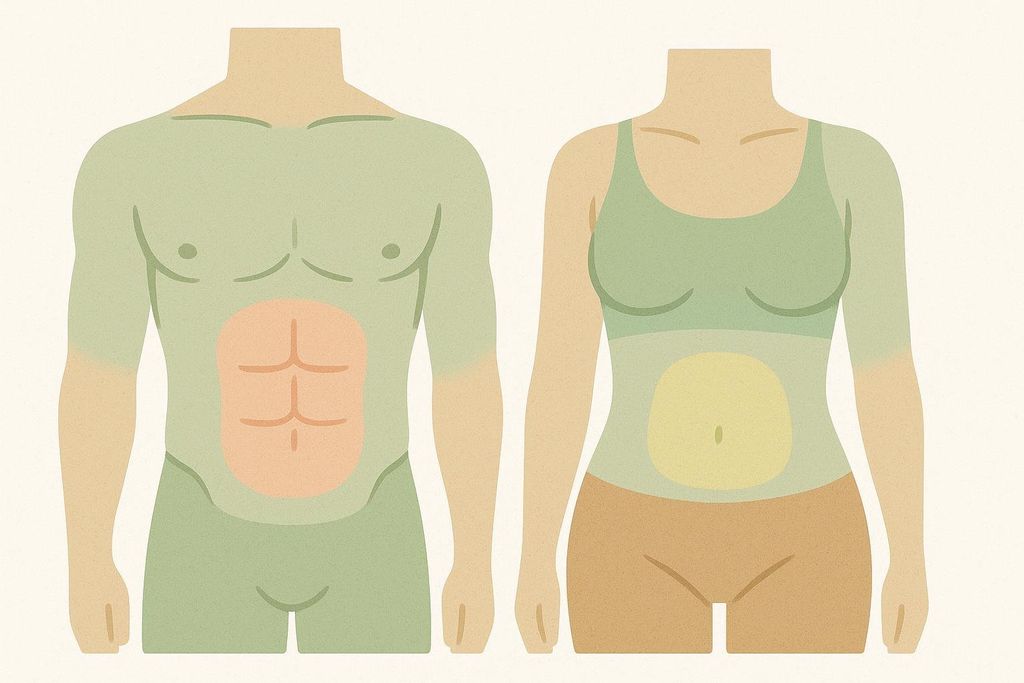 Abstract illustration of male and female torsos, highlighting areas where fat is typically stored; abs are visible on the male figure.
