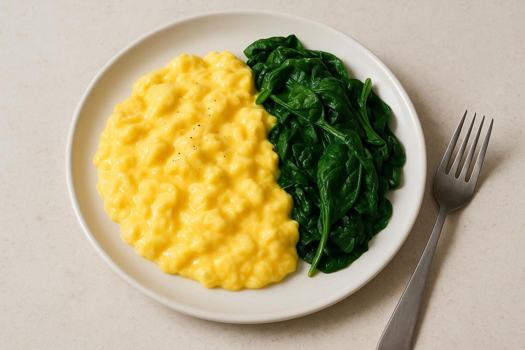 Plate with scrambled eggs and spinach.