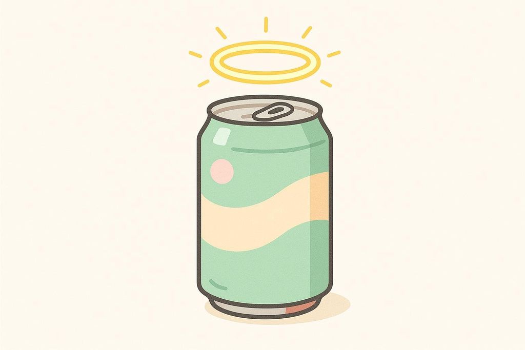 An illustration of a light green soda can with a small orange band and a pink circle on it. A glowing yellow halo is floating just above the can, with small yellow rays emanating from it, symbolizing the marketing concept of a 'health halo.'