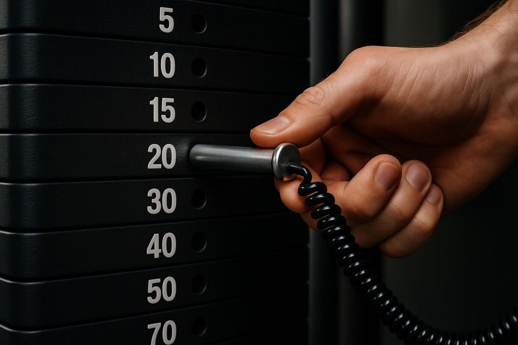 A person's hand inserting a metal pin into a black gym weight stack, set to the '20' kilogram or pound mark. The numbers 5, 10, 15, 20, 30, 40, 50, and 70 are visible on the weight plates.