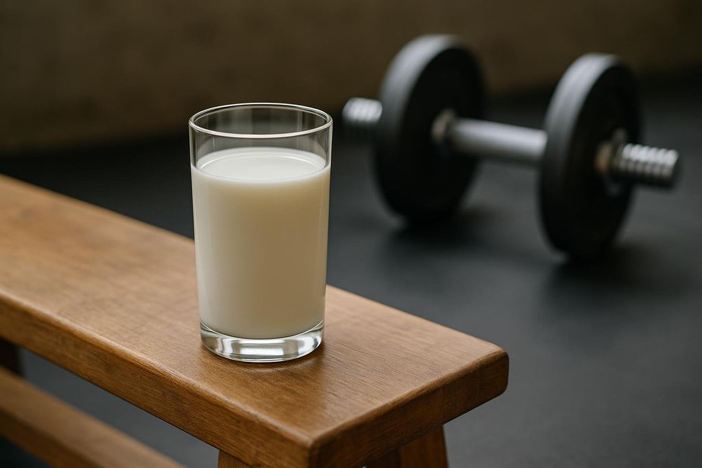 A clear glass of milk sits on a wooden gym bench, with a dumbbell blurred in the background, symbolizing post-workout nutrition and recovery.