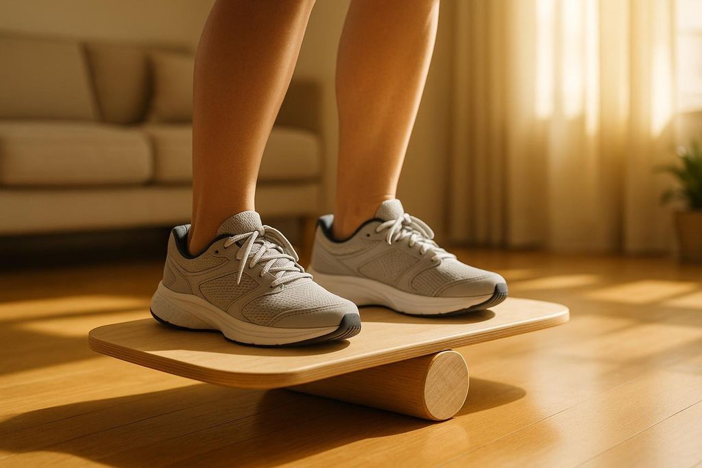 Close-up of a person's feet in grey sneakers balancing on a wooden wobble board on a light wood floor, with soft sunlight streaming in from the right.