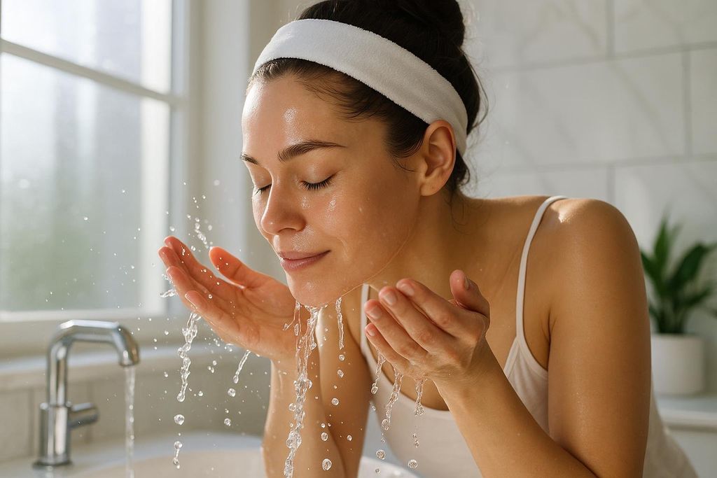 A woman with her eyes closed, wearing a white headband, splashes water onto her face from her cupped hands over a sink in a bright bathroom, with water droplets suspended in the air. She appears to be washing her face.