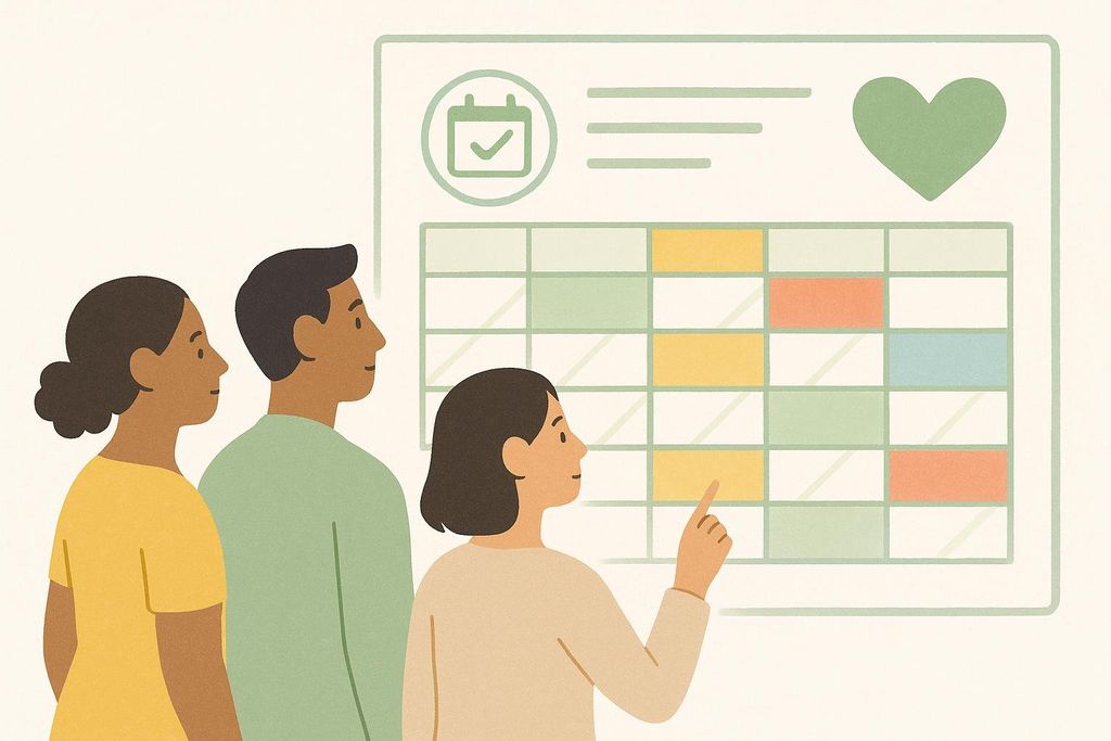 Three diverse individuals are reviewing a large, abstract health screening schedule displayed on a screen or wall. The schedule shows colored boxes possibly representing different screening types or dates, with icons for a calendar and a heart at the top. One person is pointing at the schedule.