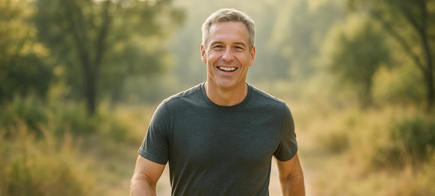 A middle-aged man with a wide smile, wearing a dark t-shirt, walking on a nature trail with trees and foliage blurred in the background.