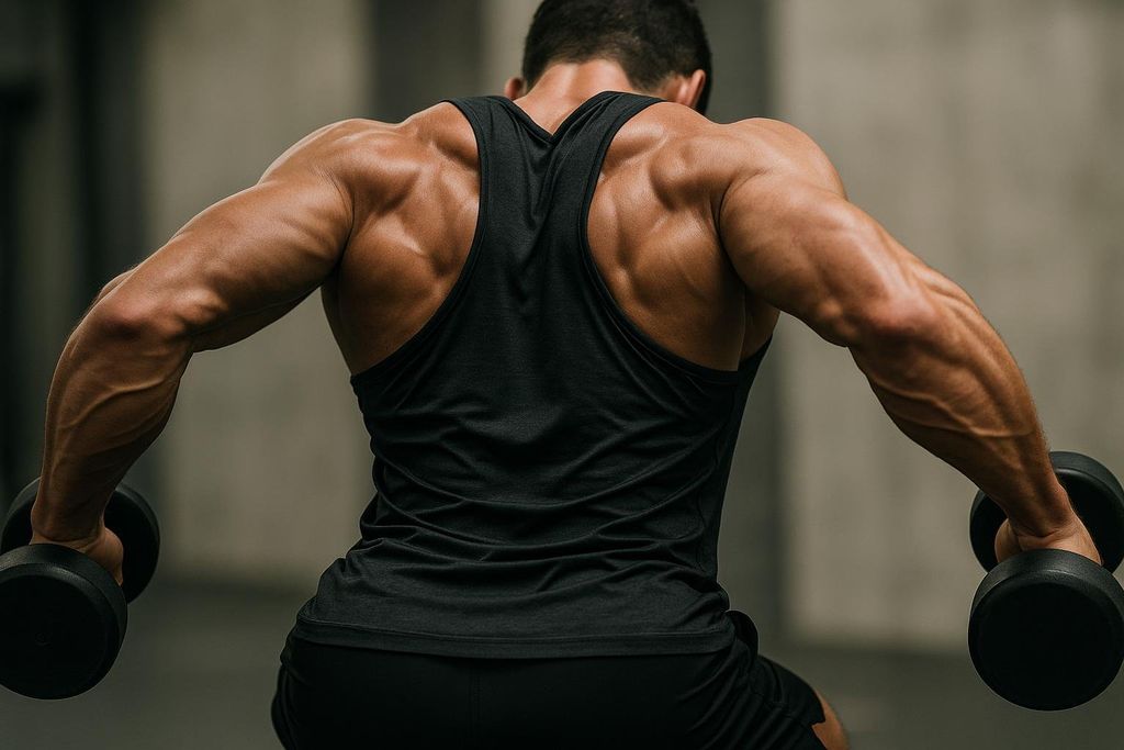 A muscular man performing a bent-over dumbbell reverse fly, viewed from the back, showcasing his developed back and arm muscles.