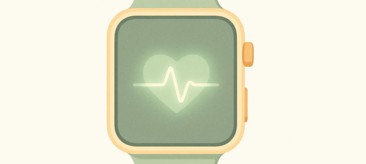 Illustration of a smartwatch displaying a heart rate monitor with a glowing heart icon and an ECG waveform on its screen.