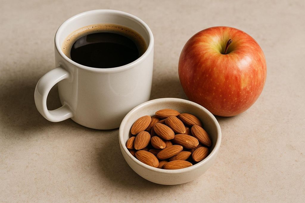 A coffee cup sitting next to a healthy light breakfast to illustrate food pairing.