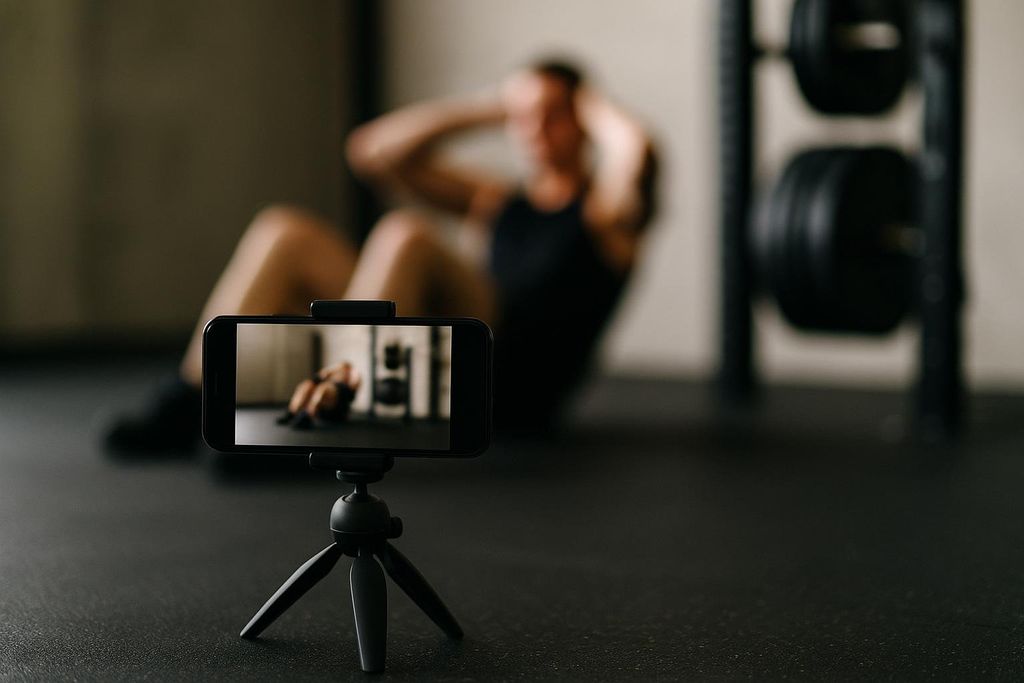 A smartphone on a small tripod records a person doing crunches on a gym floor, with the workout visible on the phone screen.