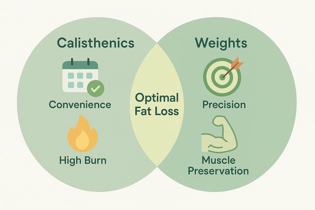 A Venn diagram illustrating that optimal fat loss strategy combines benefits from both calisthenics and weights. Calisthenics offers convenience and high burn. Weights offer precision and muscle preservation. The intersection of both is optimal fat loss.