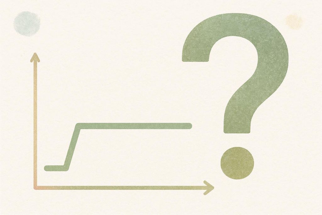 An abstract illustration depicting a graph with an upward trend followed by a plateau, signifying a lack of progress or a stagnant state. A large question mark and a circle are prominently displayed on the right side of the image, suggesting uncertainty or a query regarding the plateau.