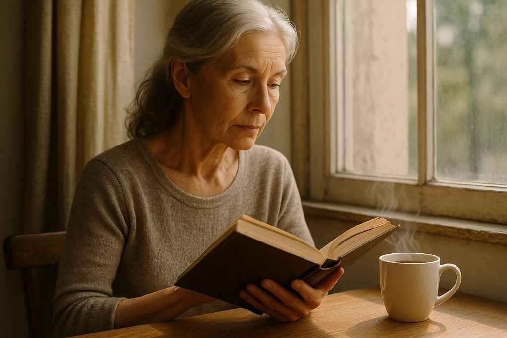 An older woman with grey hair is engrossed in reading a book, illuminated by sunlight streaming through a window. A steaming cup of coffee sits on the wooden table beside her.