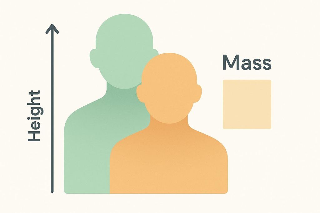 An illustration showing two simplified human figures representing height, with a vertical arrow labeled 'Height' alongside them. To the right, a square icon is labeled 'Mass'. This represents the inputs for BMI calculation.