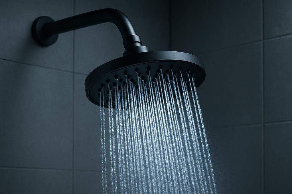 A sleek modern shower head with running water under cool, vibrant lighting.