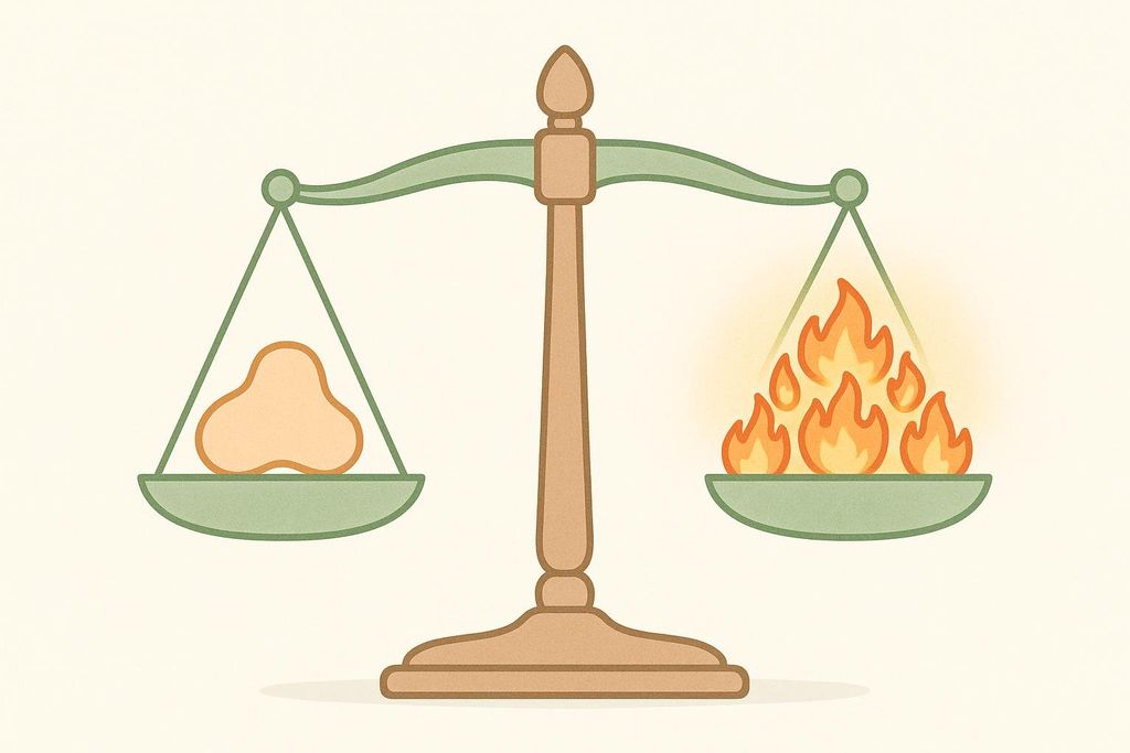 Illustration of a balanced weight scale. On the left pan is a small, amorphous blob representing fat. On the right pan, a collection of flames represents a large quantity of calories. The image conveys the idea that a small amount of fat contains a large amount of energy or calories.