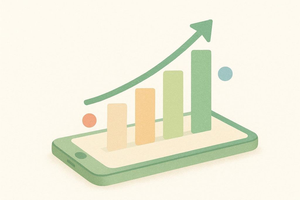 A graphic featuring a smartphone with a bar chart displaying increasing values, indicated by a green arrow curving upwards.