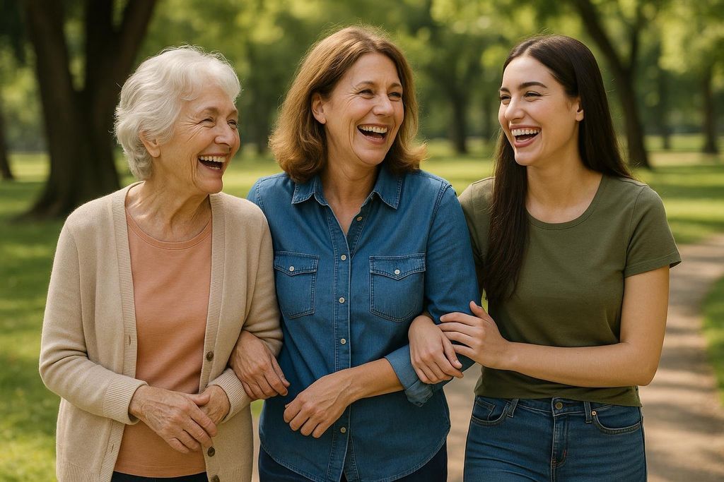 Three generations of women with an older woman, a middle-aged woman, and a young woman, linked arm-in-arm, walking in a park and laughing together. This image symbolizes family health history and the importance of age-related screenings.