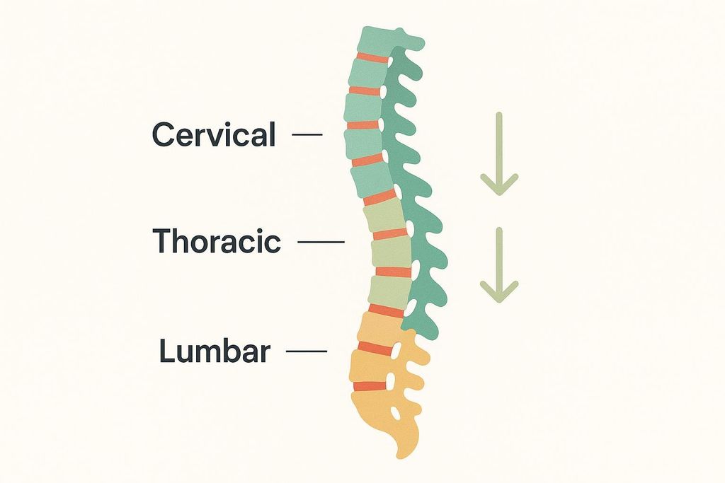 A colorful diagram of the human spine, labeled with 'Cervical', 'Thoracic', and 'Lumbar' regions. Two downward-pointing arrows beside the spine illustrate the concept of decompression traction.