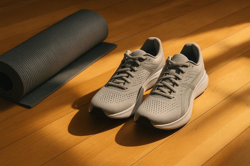 A pair of light gray running shoes and an unrolled dark gray yoga mat sit on a wooden floor in a beam of sunlight.