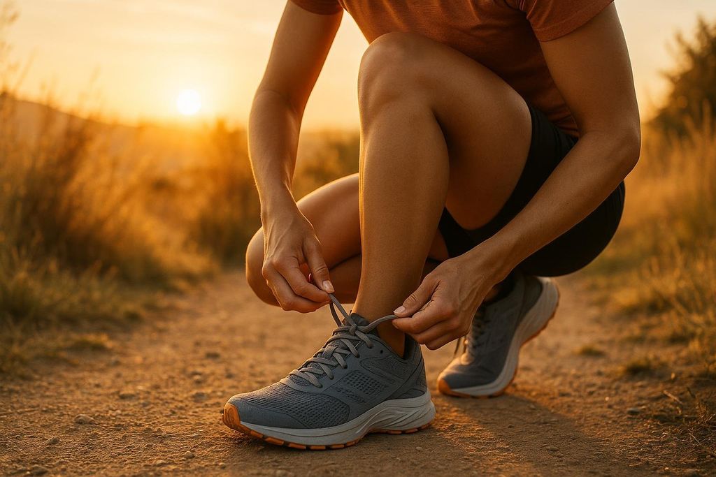 A person is shown from the waist down, crouching on a dirt path to tie the laces of their gray and orange running shoes. The golden light of a sunrise or sunset illuminates the scene from behind, casting a warm glow on the person's skin and the surrounding dry grass.