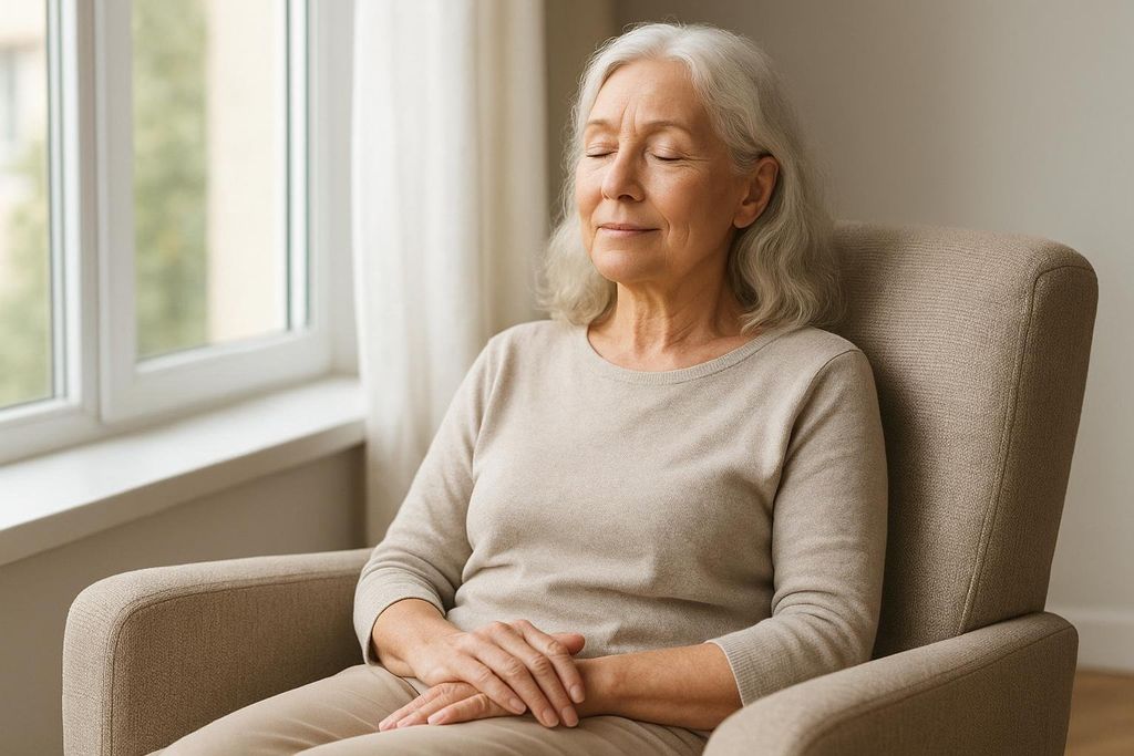 A senior woman with gray hair sits in a comfortable chair by a window, with her eyes closed and a peaceful expression on her face, appearing to be meditating or practicing breathing exercises.
