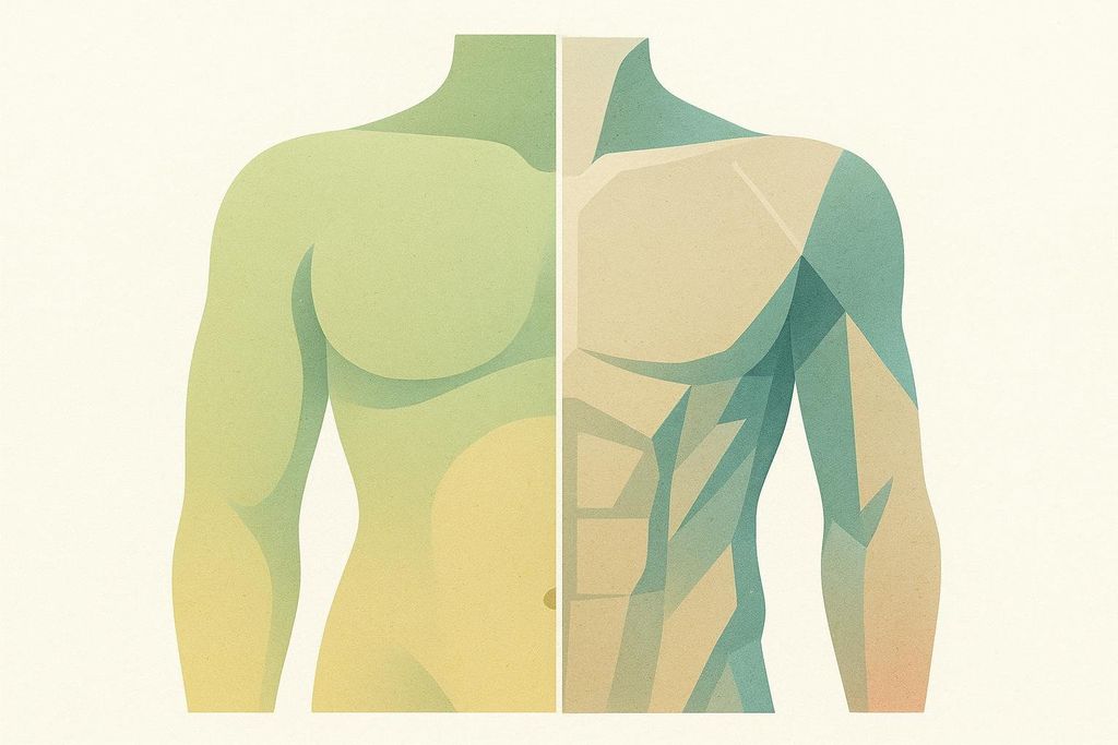 An abstract illustration depicting two halves of a human torso side-by-side. The left side, in shades of green and yellow, represents a softer physique, while the right side, with angular blue and beige tones, shows a more muscular physique with defined abs, symbolizing a change in body composition.