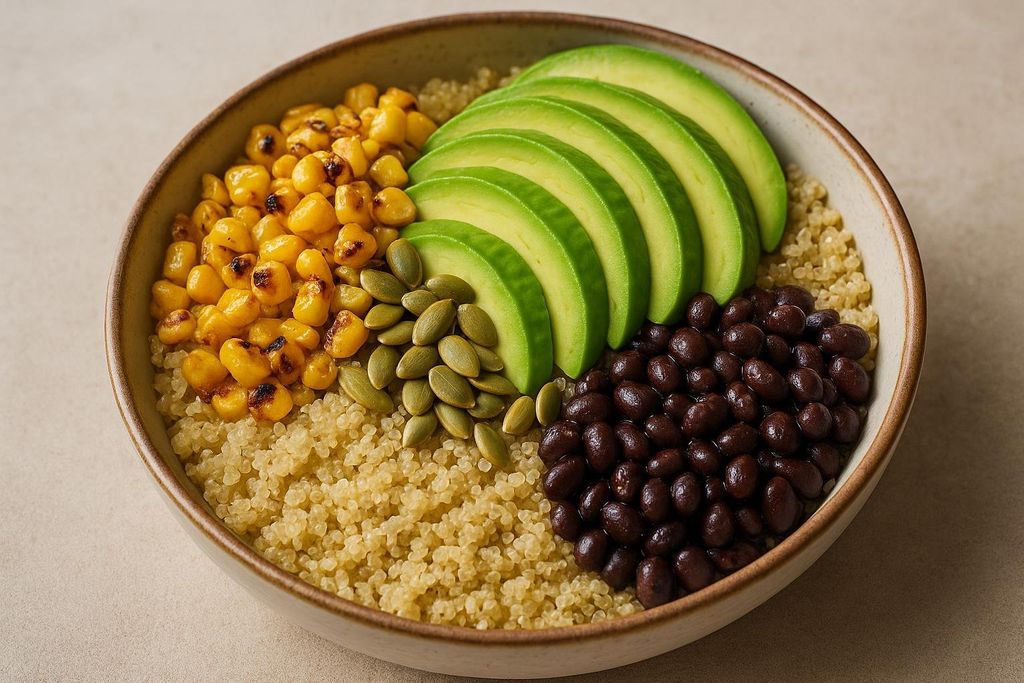 A colorful and nutritious Mexican-inspired quinoa bowl featuring black beans, roasted corn, pumpkin seeds, and sliced avocado, served in a ceramic bowl.