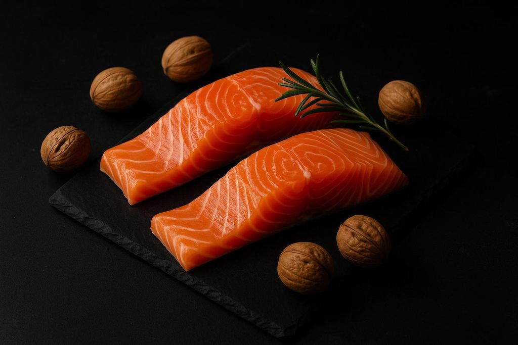 Two raw salmon fillets, a sprig of rosemary, and several whole walnuts are arranged on a dark slate board against a black background.