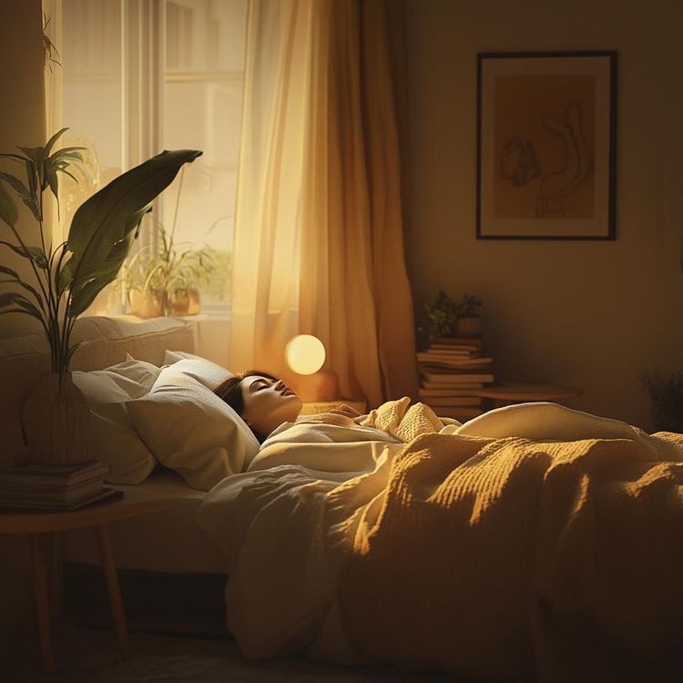 A person is sleeping soundly in a bed, illuminated by warm, golden light streaming through a window. There is a large green plant to the left and a stack of books to the right.