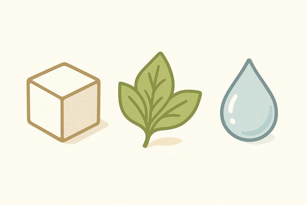 Minimalist icons representing a sugar cube, a green leaf, and a liquid drop, symbolizing different types of sweeteners.