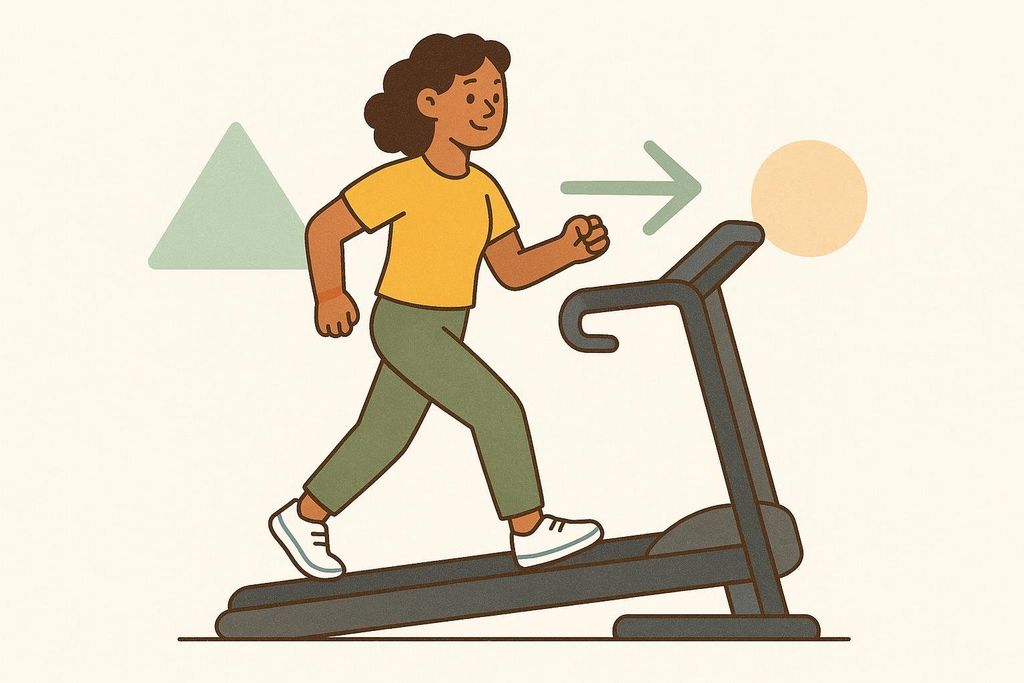 Illustration showing a person on a treadmill with abstract symbols for incline (triangle), speed (arrow), and time (circle).