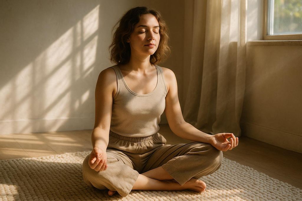 A woman with her eyes closed meditates peacefully in a lotus position on a rug in a sunlit room, bathed in warm natural light.
