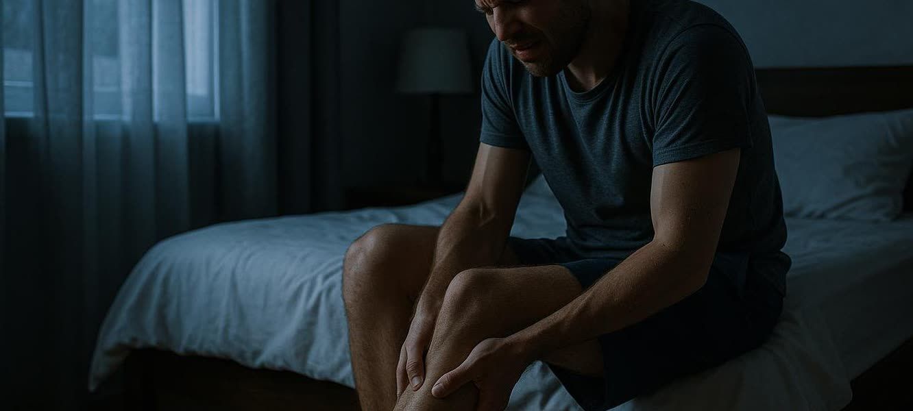 A man sits on the edge of his bed at night, grabbing his leg in pain from a sudden cramp. His face is contorted in discomfort in the dimly lit room.