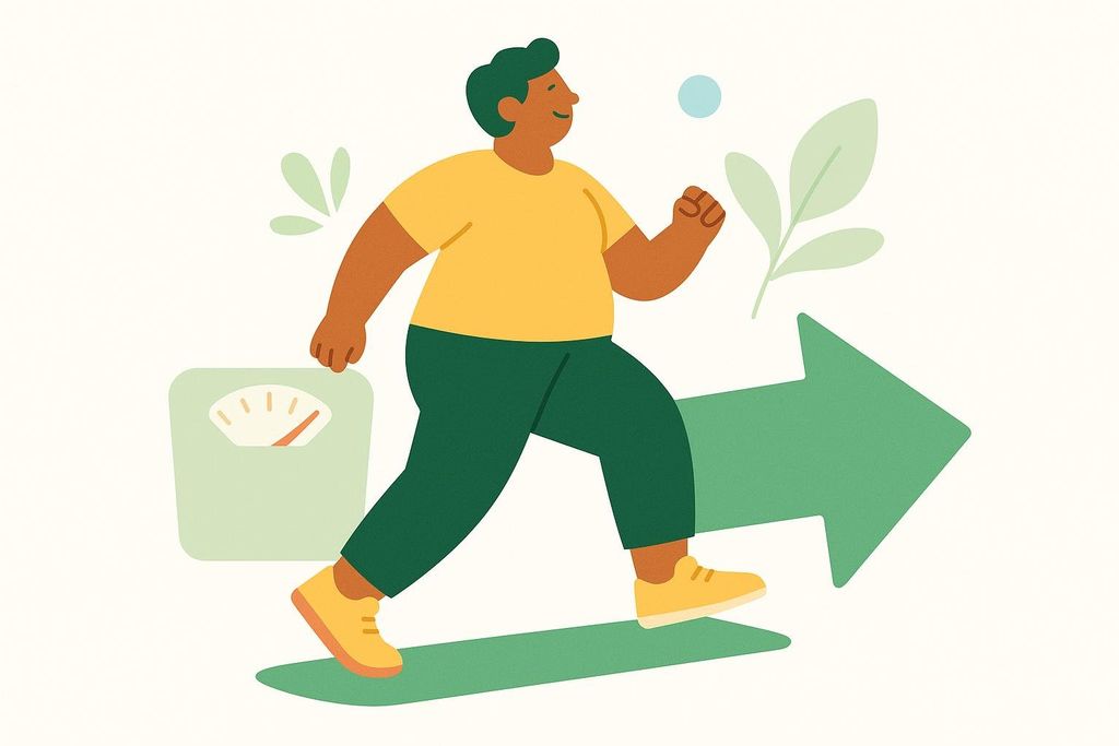 An illustration of a person with dark skin, green hair, a yellow shirt, and green pants walking away from a bathroom scale, following a large green arrow pointing to the right. Green leaves and a light blue circle are in the background.