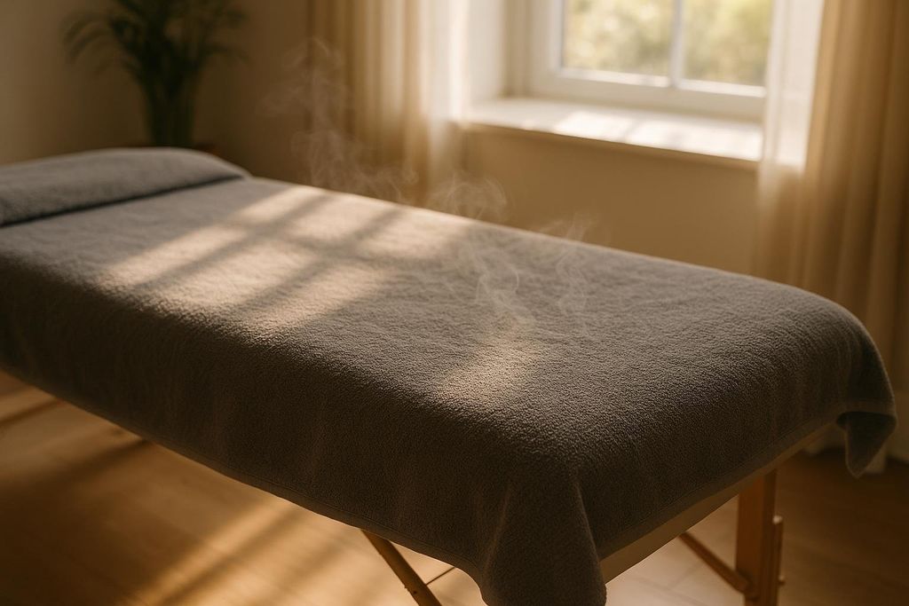 A professionally prepared massage table with a steaming hot towel ready for therapy.