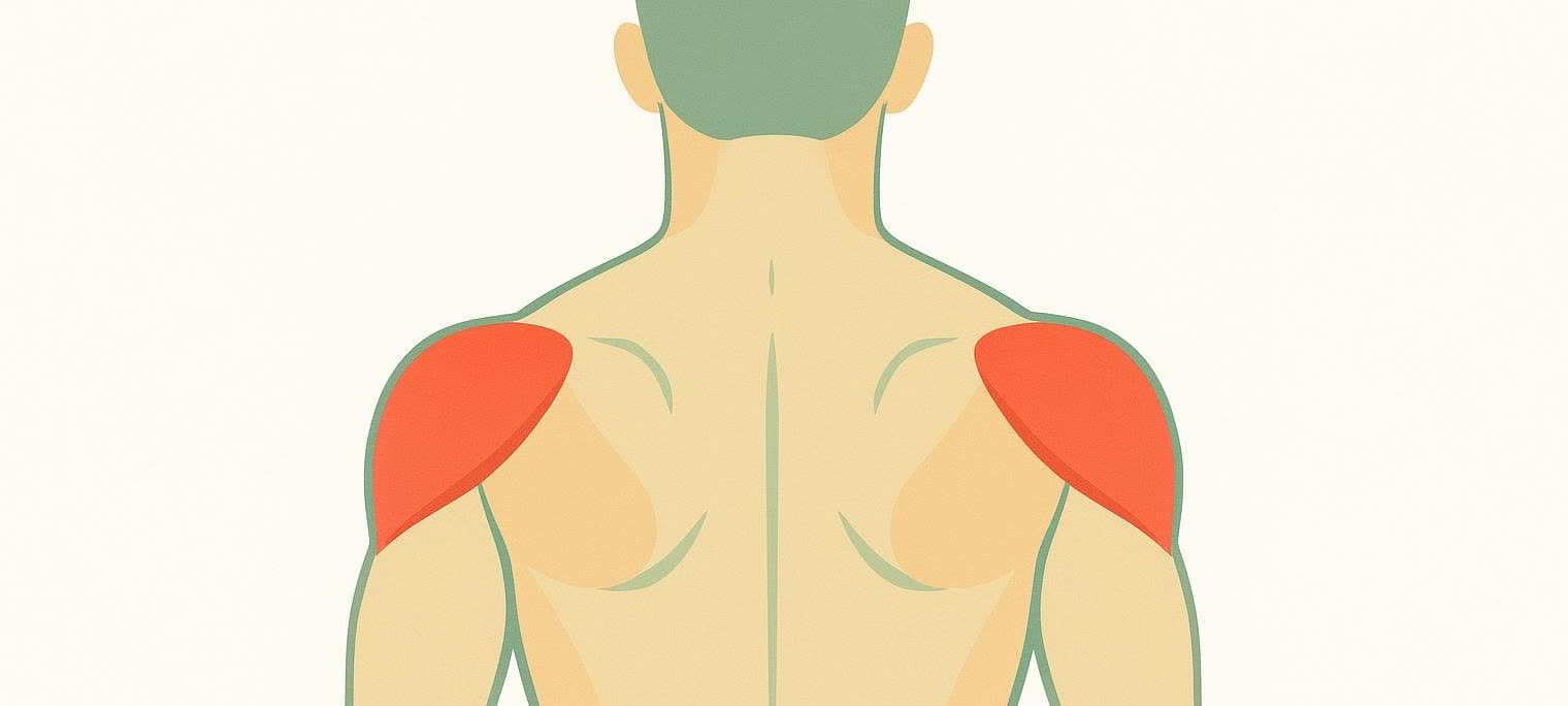 An illustration from the back of a human body, highlighting the posterior deltoid muscles in red on both shoulders.