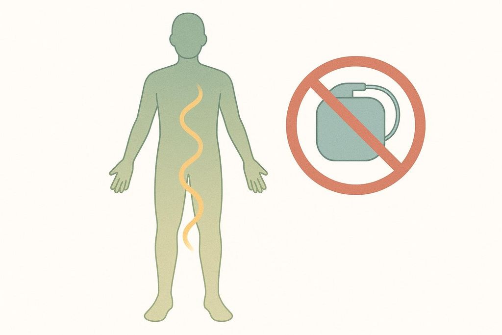 An illustration showing how Bioelectrical Impedance Analysis (BIA) works, with a wavy yellow line representing the electrical current passing through a green silhouette of a human body. Next to it is a red circle with a slash through it, indicating a prohibition, over a grey device that resembles a pacemaker, warning against BIA for pacemaker users.