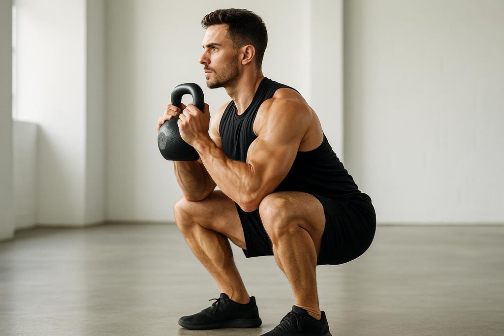 A fit man with prominent muscles in black workout attire performing a goblet squat, holding a kettlebell against his chest. He is in the bottom of the squat, looking forward, in a well-lit gym with light-colored walls and a concrete floor.