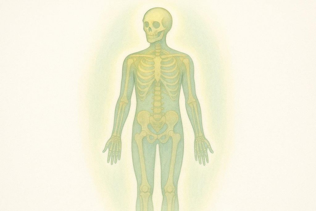 An illustration of a human torso with the skeletal structure faintly visible beneath a semi-transparent layer of skin, highlighting the entire skeleton from a frontal view.
