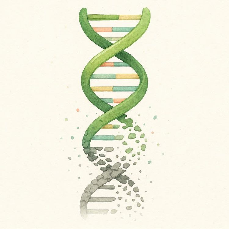 A watercolor illustration of a green DNA double helix structure, with the bottom portion appearing to break apart into smaller fragments and dust-like particles. The double helix has colorful horizontal rungs.