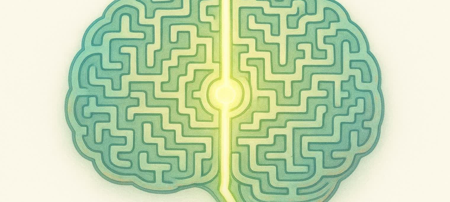 An abstract illustration of a human brain in the form of a maze, with a glowing path leading through the center.
