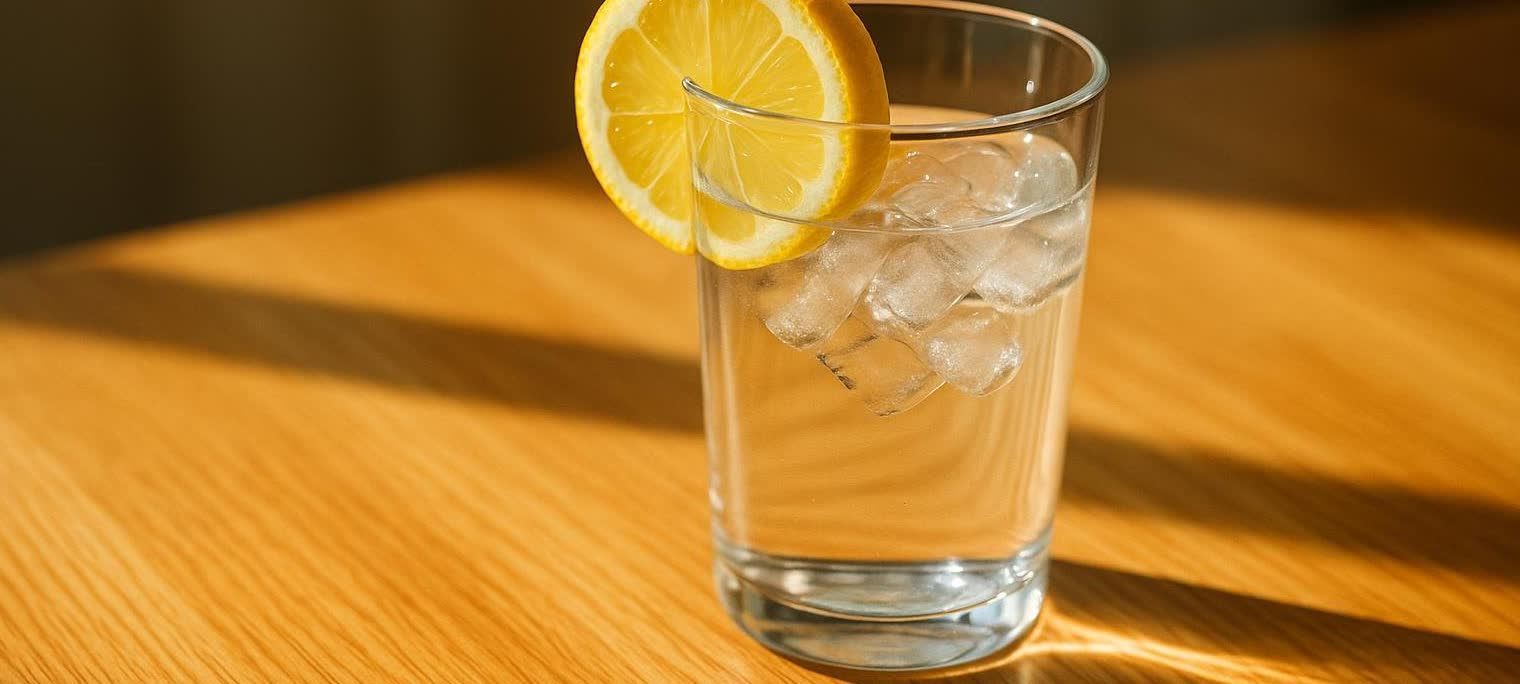 A clear glass of iced water with a slice of lemon on the rim, sitting on a wooden table with bright morning sunlight casting shadows.