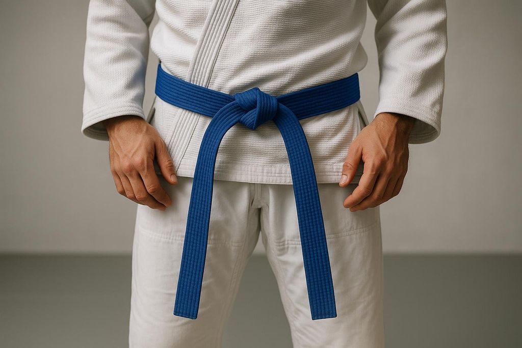 A close-up shot of a person wearing a white Jiu-Jitsu gi with a correctly tied blue belt. The belt tails are even and hang appropriately.