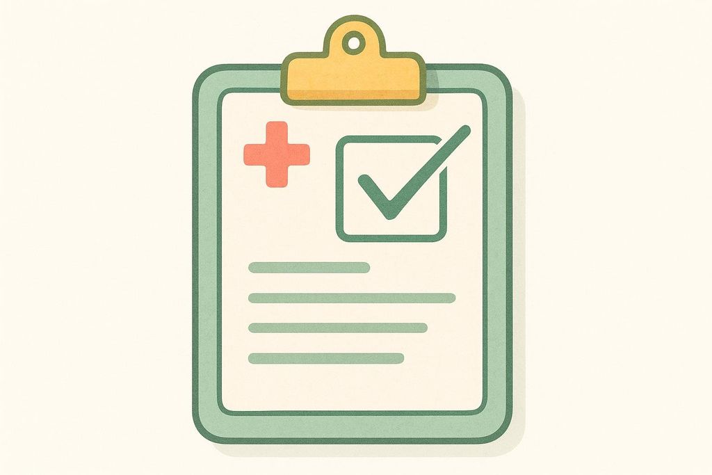 An illustration of a clipboard with a medical checklist on it. A red cross symbol is next to a large green checkmark within a square box, and several blank lines indicating other checklist items are below.