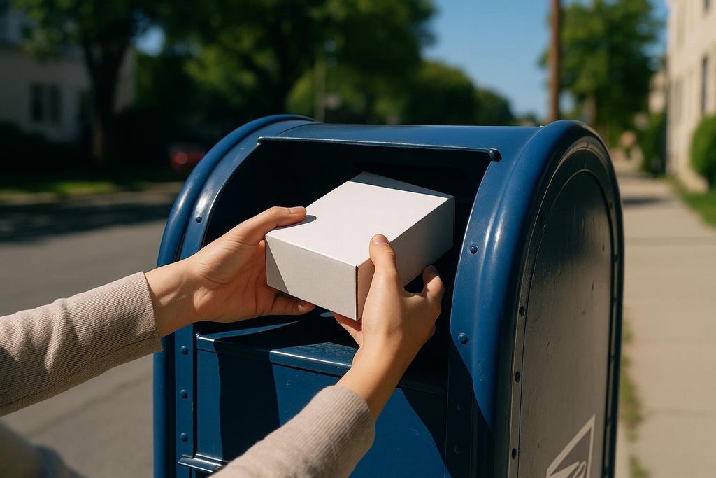 A close-up of a person's hands placing an unmarked white mail-in testing kit into a blue postal mailbox on a sunny day.