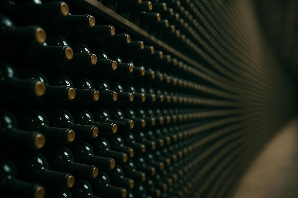 Rows of dark green wine bottles with gold foil tops, receding into the distance in a dimly lit wine cellar. The focus is on the bottles in the foreground, showing many neatly stacked bottles.