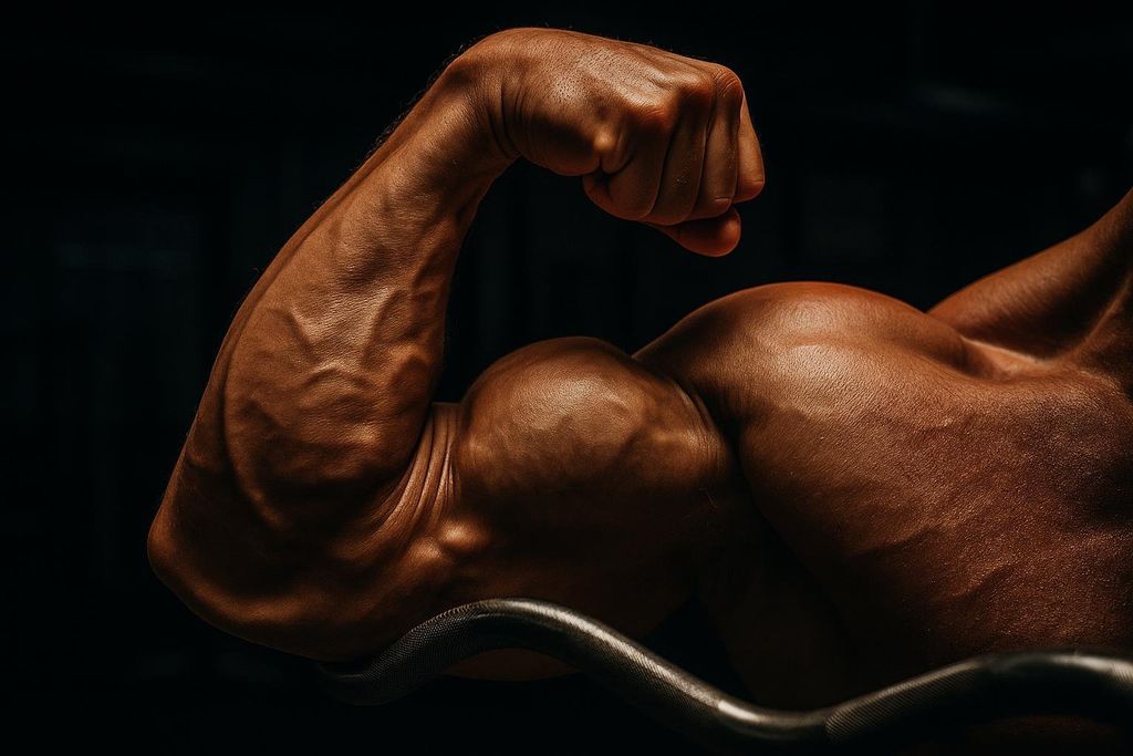 Close-up of a well-defined, flexed biceps muscle and forearm of a bodybuilder, showcasing prominent veins and muscle definition during a bicep curl with a barbell in the foreground.