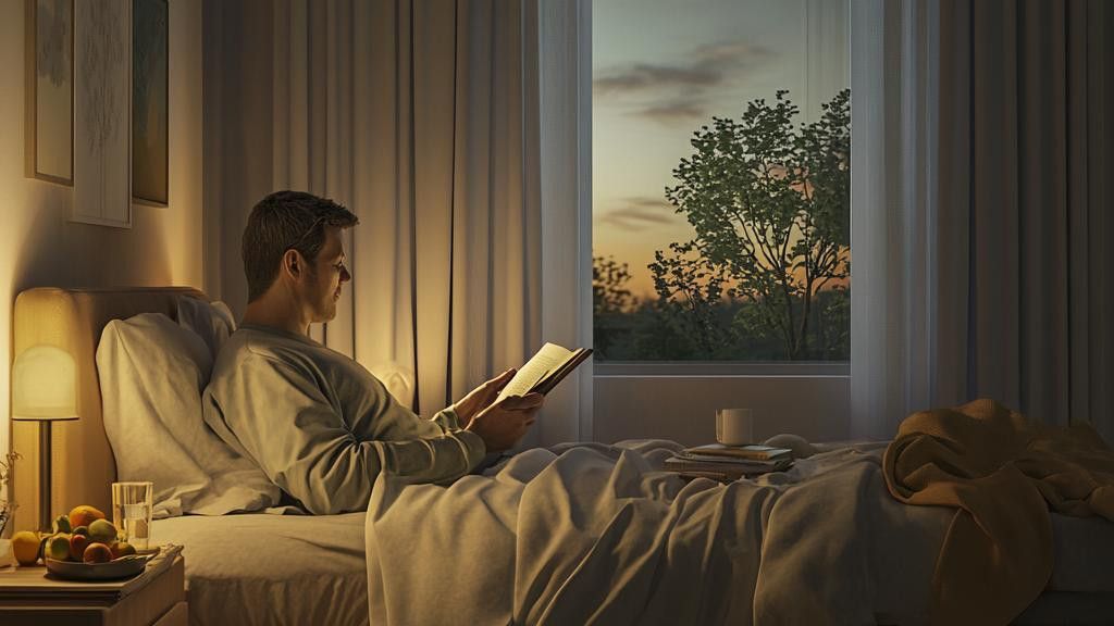 A man reads a book while sitting up in bed at dusk. A bedside lamp provides warm light, and a window offers a view of trees and the evening sky.