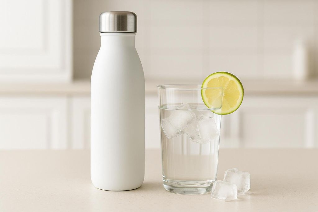 A white reusable water bottle next to a glass of water with ice and a slice of lime.